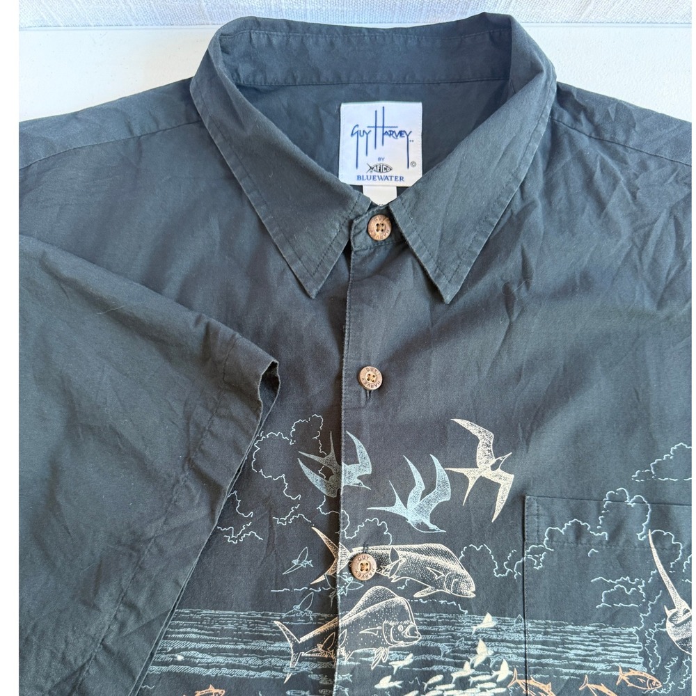 Guy Harvey AFTCO Bluewater Mens 2X Black Marlin Mahi Mahi Fishing Shirt Cotton